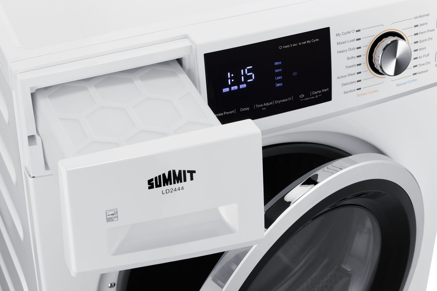 Combination of ENERGY STAR certified LW2427 115V washer and 208-240V LD2444 heat pump dryer with stacking kit that includes a slide-out rack